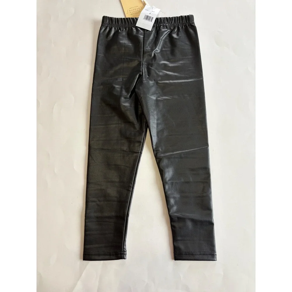 Hannah Banana Girls Black Faux Leather Leggings Size 4 NWT Elastic Waist Pants